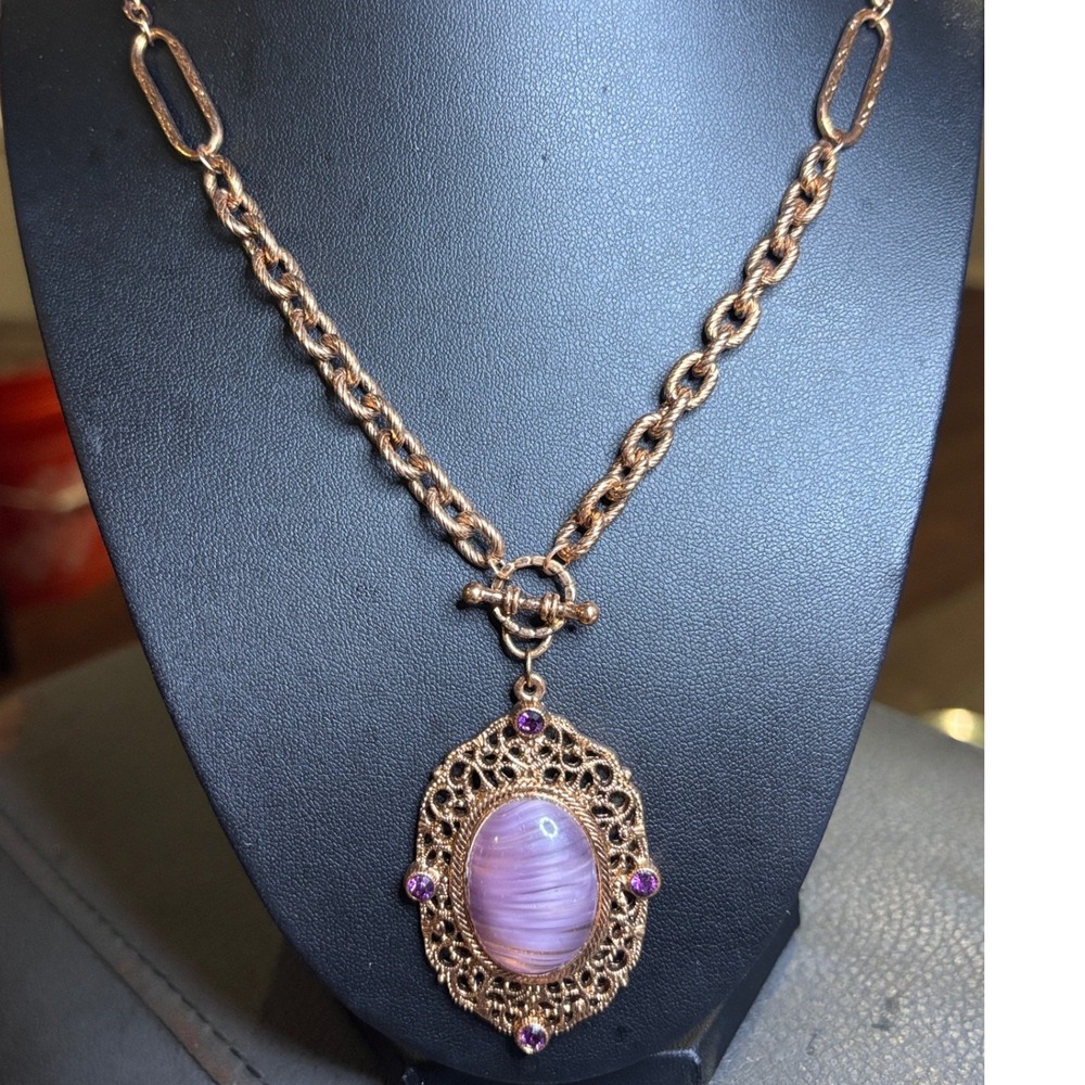 Amethyst Glass Quartz & Amethyst Crystal Filigree Pendant Necklace 30" - Picture 3 of 8